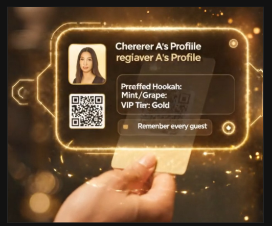 Holographic gold VIP profile card with QR code, preferred flavors, gold tier loyalty, and Remember every guest tagline